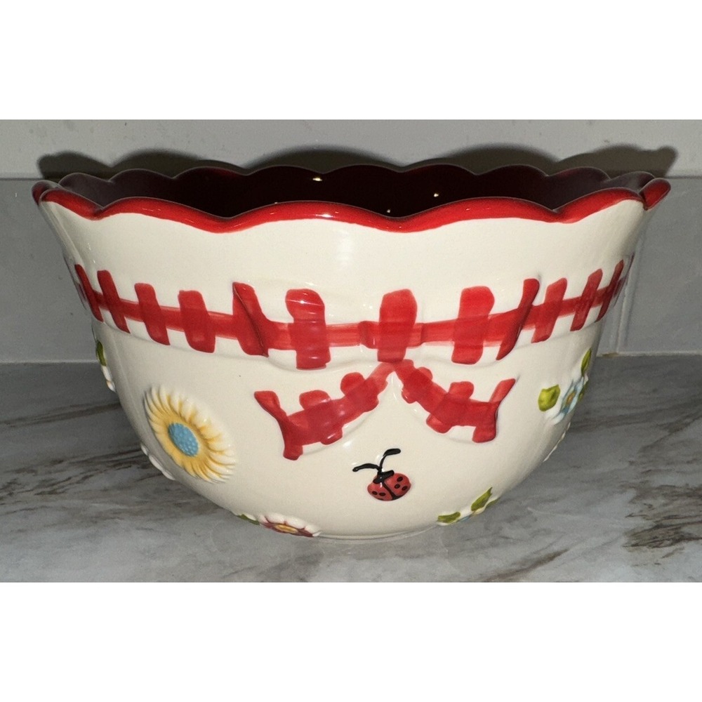 Temp-Tations Gingham Garden Lady Bug Flowers Mixing Bowl 2 Qt RARE! HTF! - Picture 2 of 6